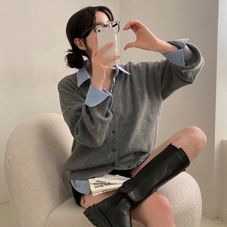 여리만능 브이넥 오버핏 베이직 긴팔 니트 가디건 그레이