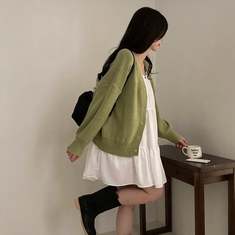 여리만능 브이넥 오버핏 베이직 긴팔 니트 가디건 그린빈