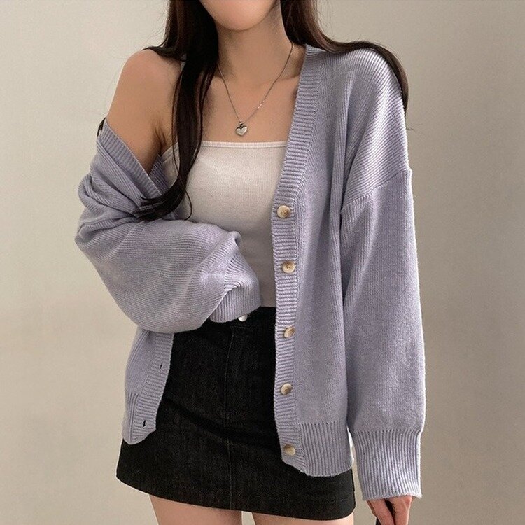 여리만능 브이넥 오버핏 베이직 긴팔 니트 가디건 아이스버그