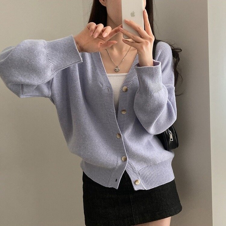 여리만능 브이넥 오버핏 베이직 긴팔 니트 가디건 아이스버그