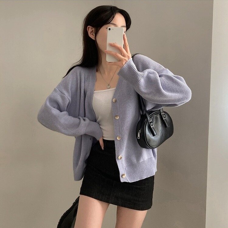 여리만능 브이넥 오버핏 베이직 긴팔 니트 가디건 아이스버그