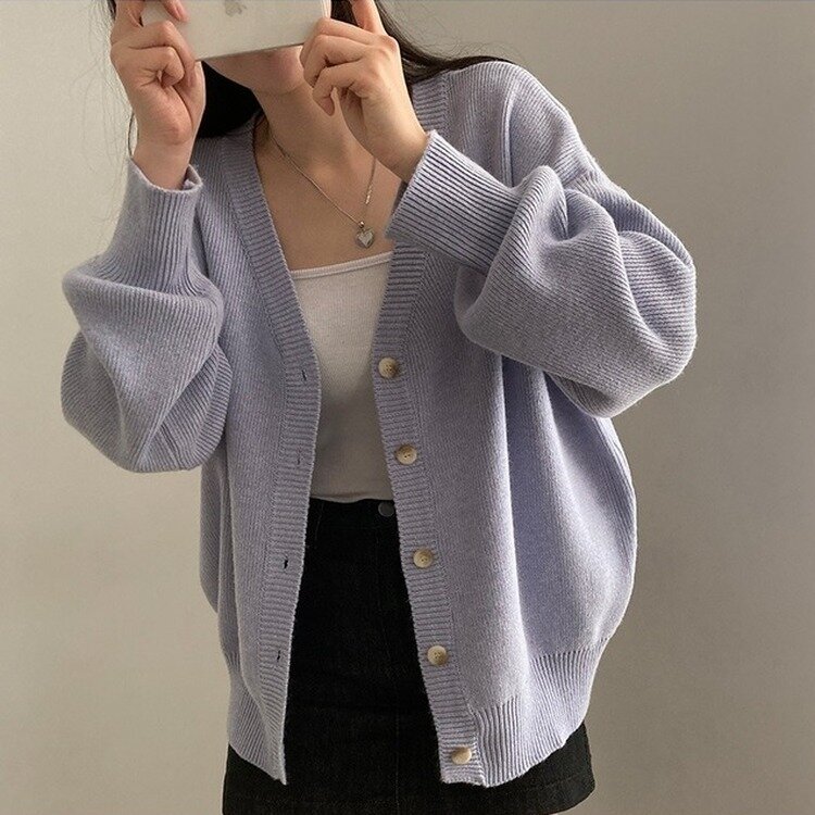 여리만능 브이넥 오버핏 베이직 긴팔 니트 가디건 아이스버그