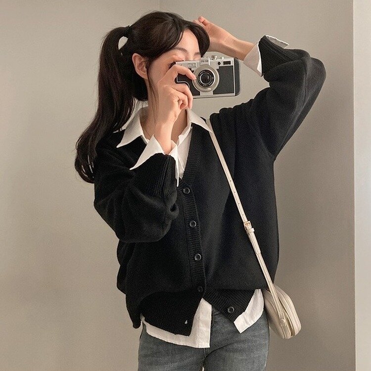 여리만능 브이넥 오버핏 베이직 긴팔 니트 가디건 블랙