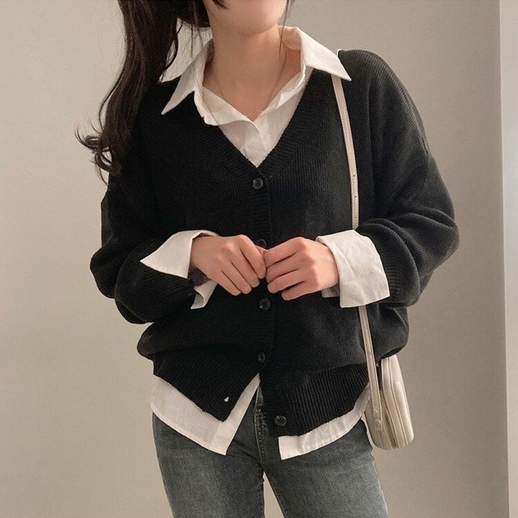 여리만능 브이넥 오버핏 베이직 긴팔 니트 가디건 블랙