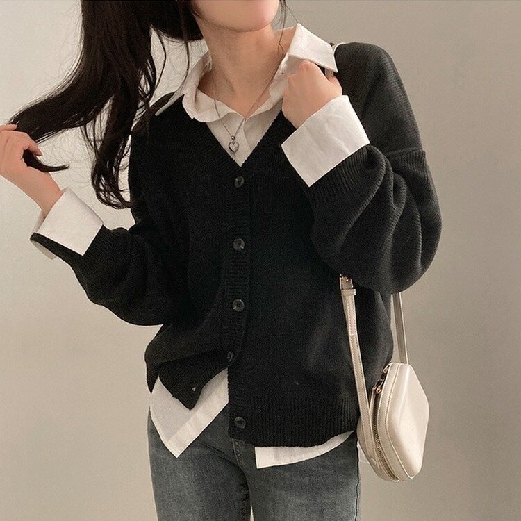 여리만능 브이넥 오버핏 베이직 긴팔 니트 가디건 블랙