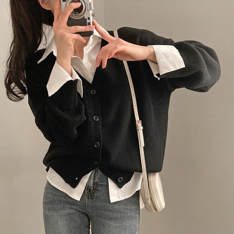 여리만능 브이넥 오버핏 베이직 긴팔 니트 가디건 블랙