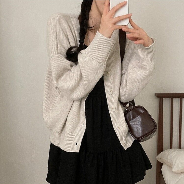 여리만능 브이넥 오버핏 베이직 긴팔 니트 가디건 오트그레이