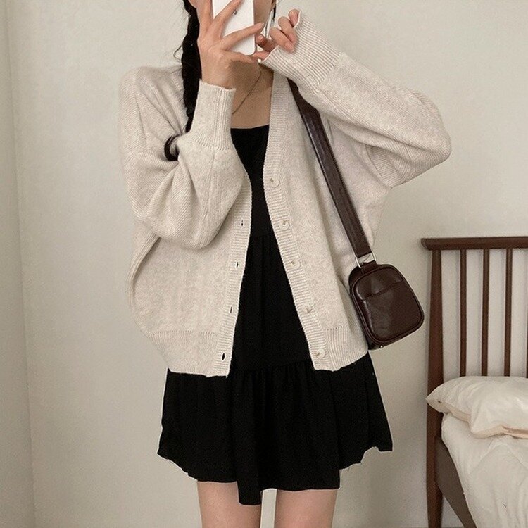 여리만능 브이넥 오버핏 베이직 긴팔 니트 가디건 오트그레이