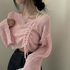 ニット アンバランスストリングクロップメッシュニット6色 PINK
