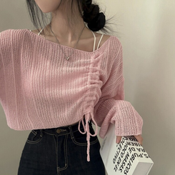 ニット アンバランスストリングクロップメッシュニット6色 PINK