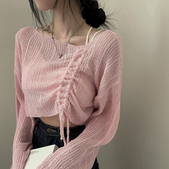 ニット アンバランスストリングクロップメッシュニット6色 PINK