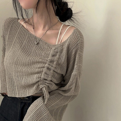 ニット アンバランスストリングクロップメッシュニット6色 LIGHT BROWN