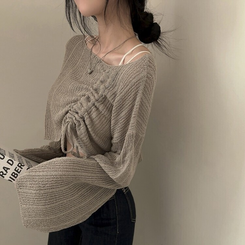 ニット アンバランスストリングクロップメッシュニット6色 LIGHT BROWN