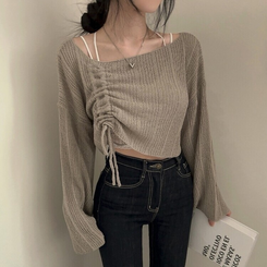 ニット アンバランスストリングクロップメッシュニット6色 LIGHT BROWN