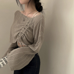 ニット アンバランスストリングクロップメッシュニット6色 LIGHT BROWN