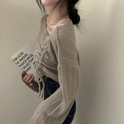 ニット アンバランスストリングクロップメッシュニット6色 LIGHT BROWN
