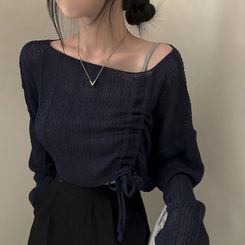 ニット アンバランスストリングクロップメッシュニット6色 NAVY