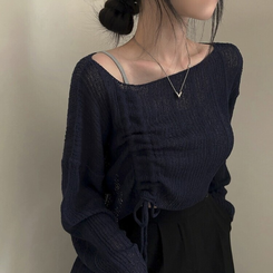 ニット アンバランスストリングクロップメッシュニット6色 NAVY