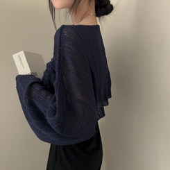 ニット アンバランスストリングクロップメッシュニット6色 NAVY