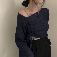 ニット アンバランスストリングクロップメッシュニット6色 NAVY
