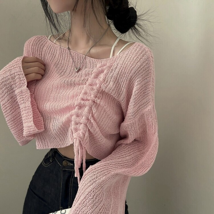 アンバランスストリングクロップメッシュニット6色 PINK