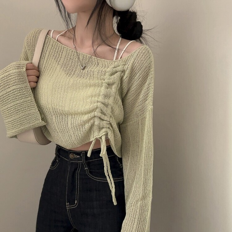 アンバランスストリングクロップメッシュニット6色 MINT