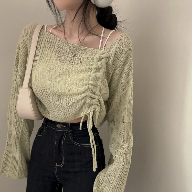 ニット アンバランスストリングクロップメッシュニット6色 MINT