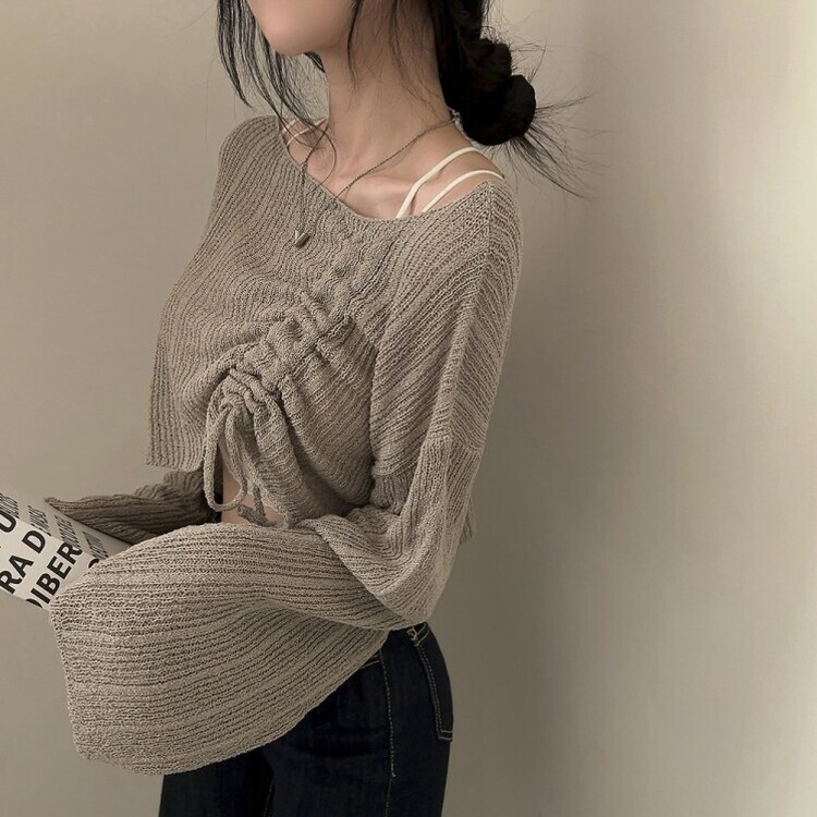 アンバランスストリングクロップメッシュニット6色 LIGHT BROWN