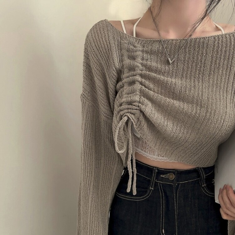 アンバランスストリングクロップメッシュニット6色 LIGHT BROWN
