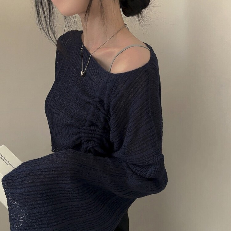 アンバランスストリングクロップメッシュニット6色 NAVY