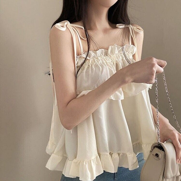 リボンティアードフリルキャミソールブラウス5色 BEIGE