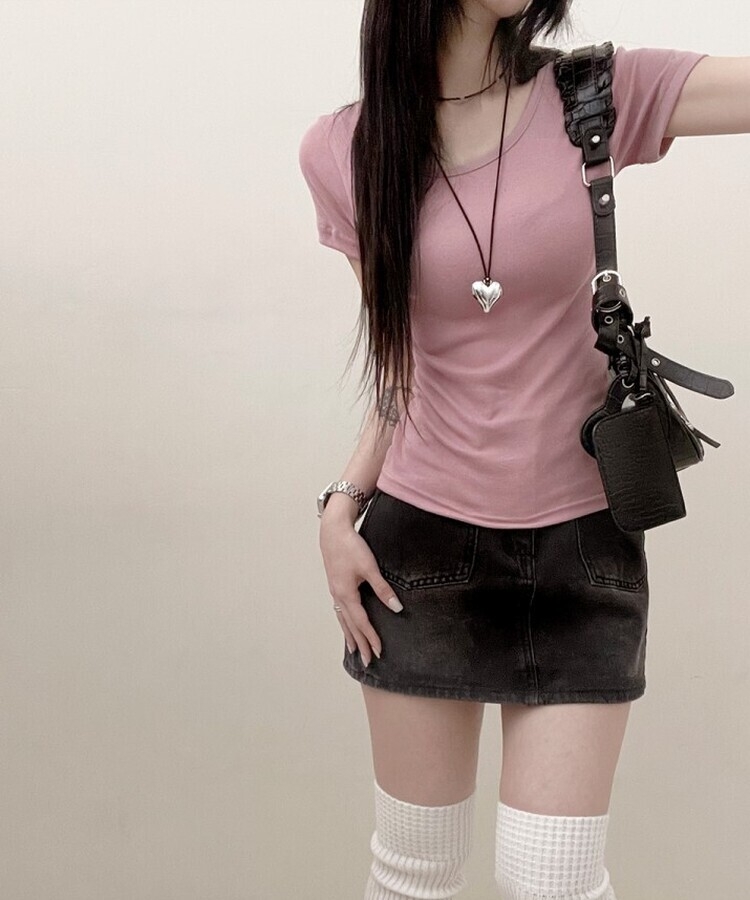 소프트무지랍빠유넥라운드슬림핏반팔티 로즈핑크