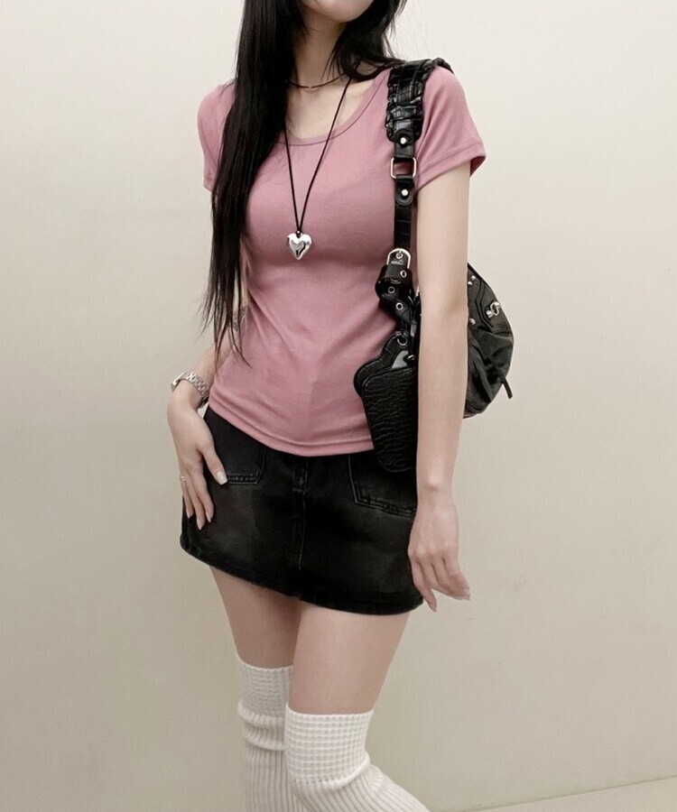 소프트무지랍빠유넥라운드슬림핏반팔티 로즈핑크