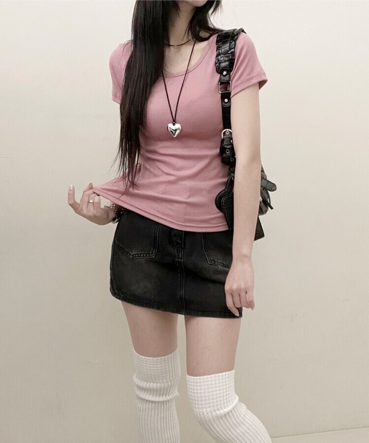 소프트무지랍빠유넥라운드슬림핏반팔티 로즈핑크