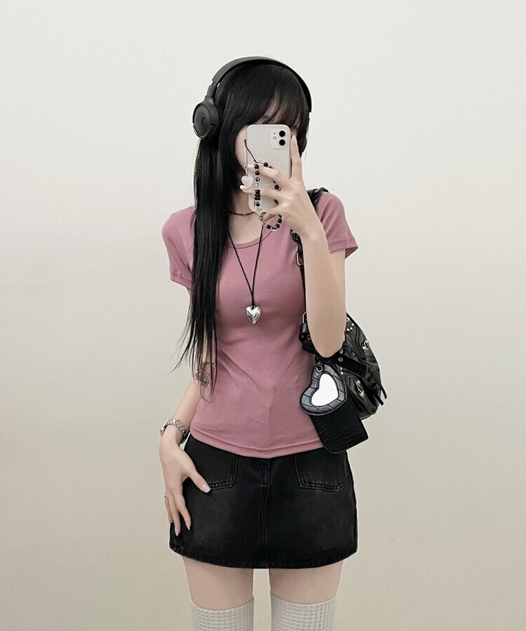 소프트무지랍빠유넥라운드슬림핏반팔티 로즈핑크