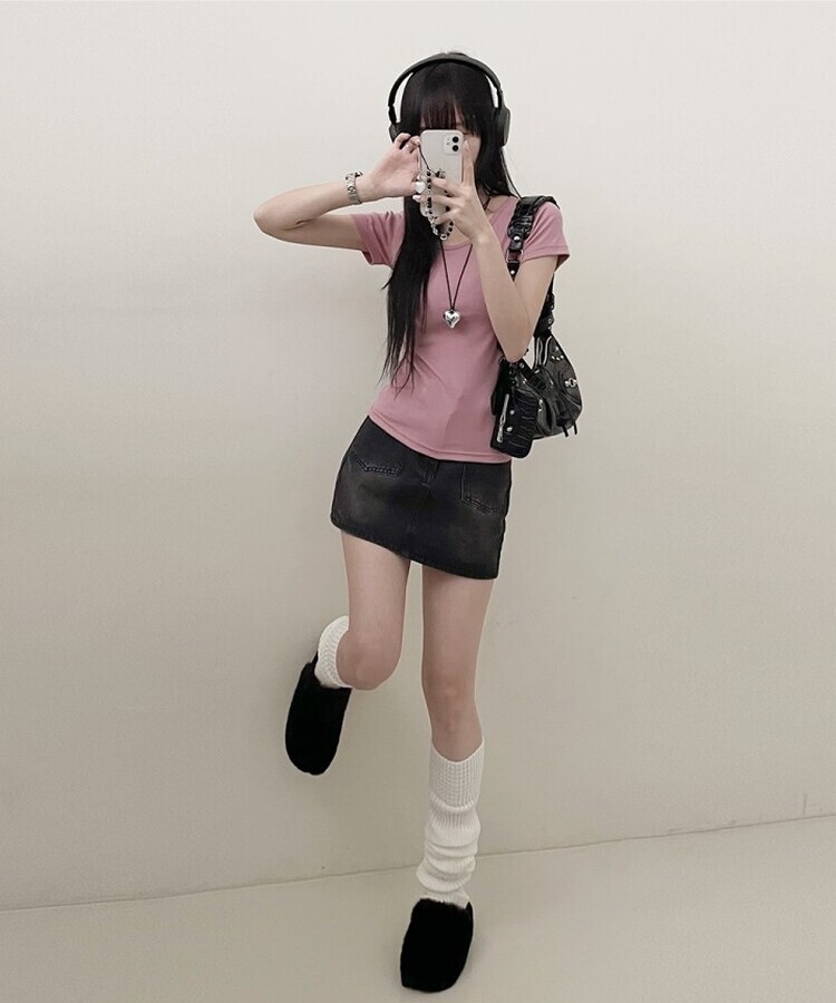 소프트무지랍빠유넥라운드슬림핏반팔티 로즈핑크