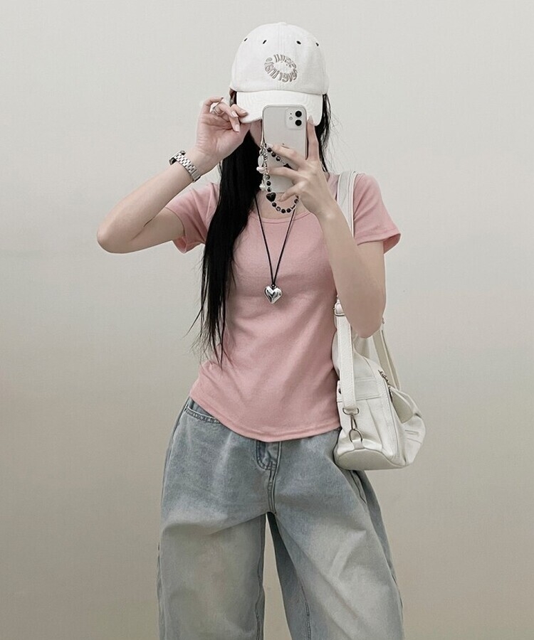 소프트무지랍빠유넥라운드슬림핏반팔티 연핑크