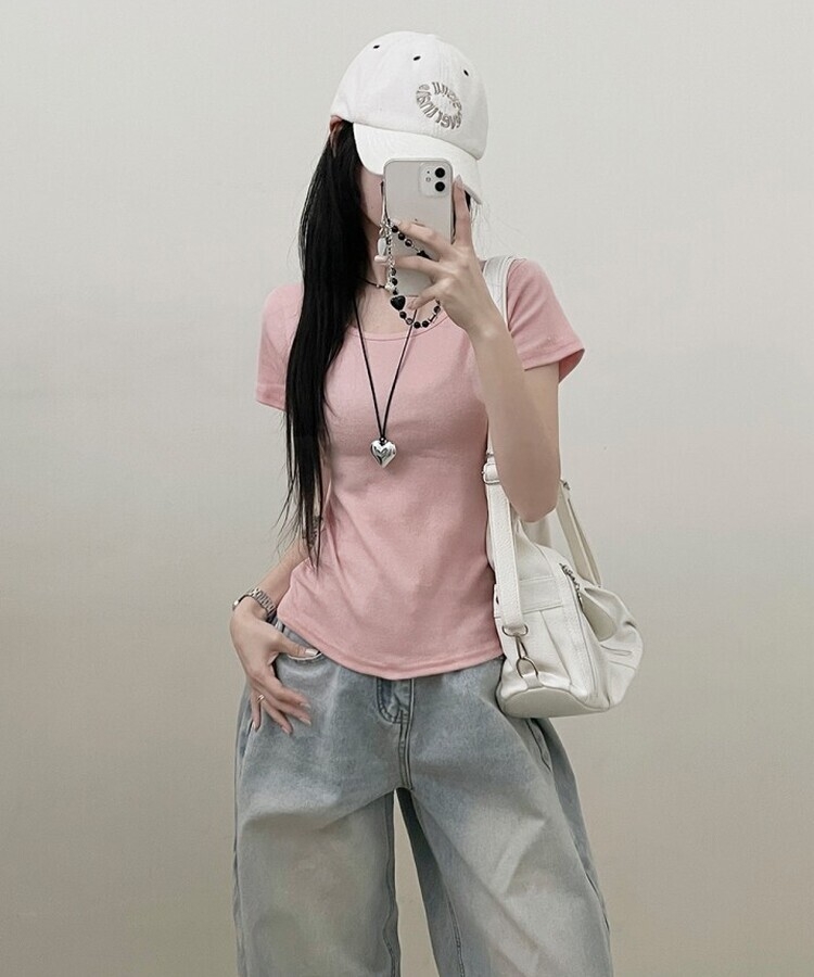 소프트무지랍빠유넥라운드슬림핏반팔티 연핑크