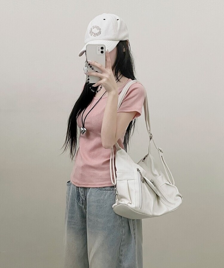 소프트무지랍빠유넥라운드슬림핏반팔티 연핑크