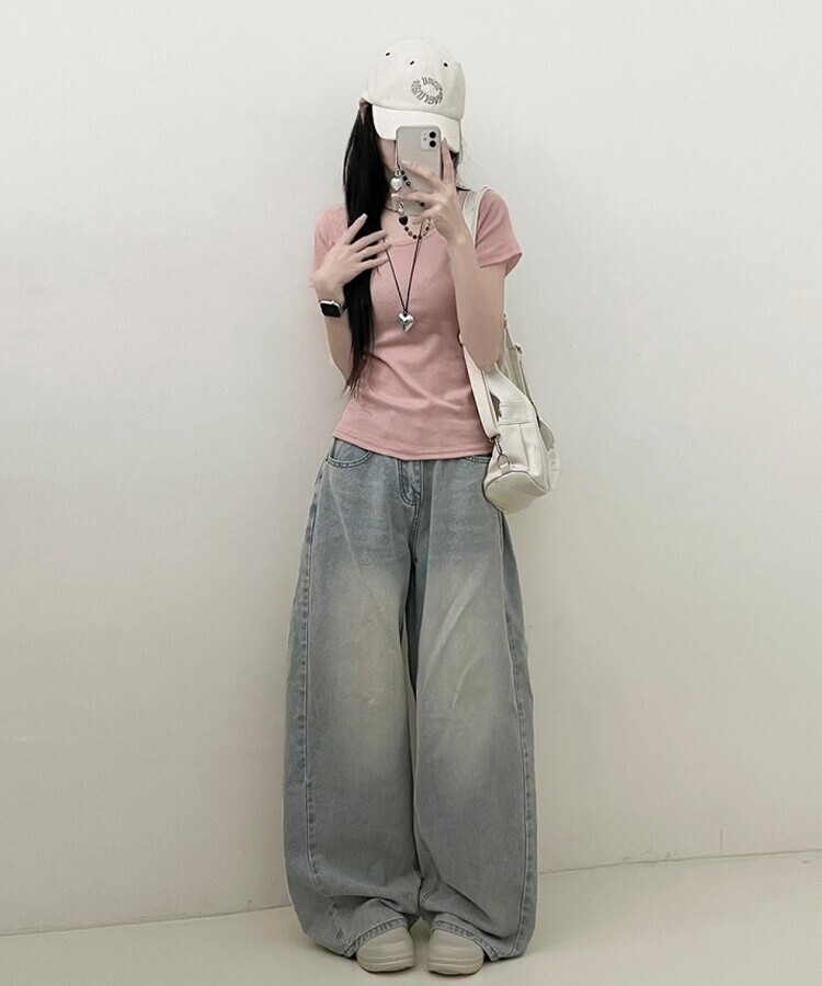 소프트무지랍빠유넥라운드슬림핏반팔티 연핑크