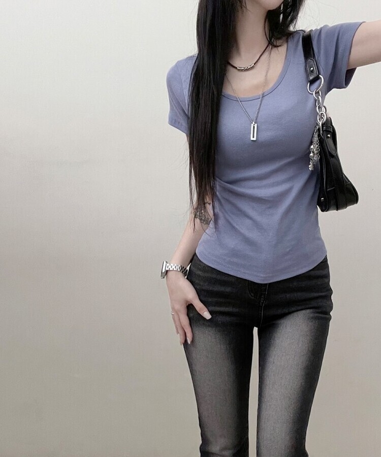 소프트무지랍빠유넥라운드슬림핏반팔티 진보라