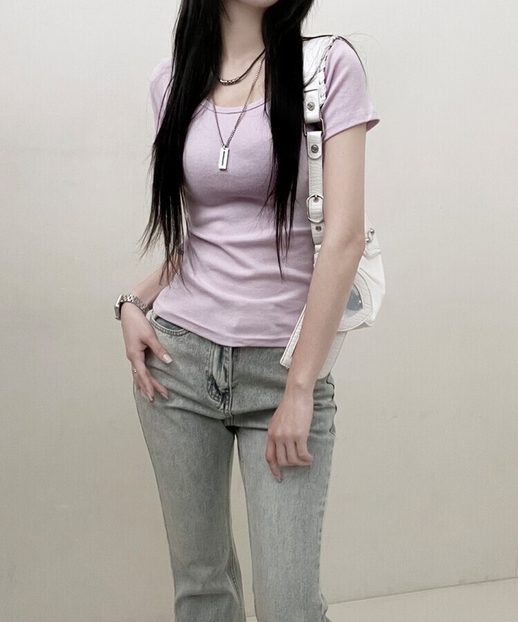 소프트무지랍빠유넥라운드슬림핏반팔티 연보라