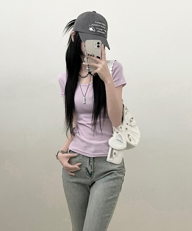 소프트무지랍빠유넥라운드슬림핏반팔티 연보라