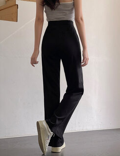 スラックス 【SHORT/BASIC/LONG 丈別】シンプルワイドスラックス BLACK