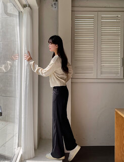 スラックス 【SHORT/BASIC/LONG 丈別】シンプルワイドスラックス BLACK