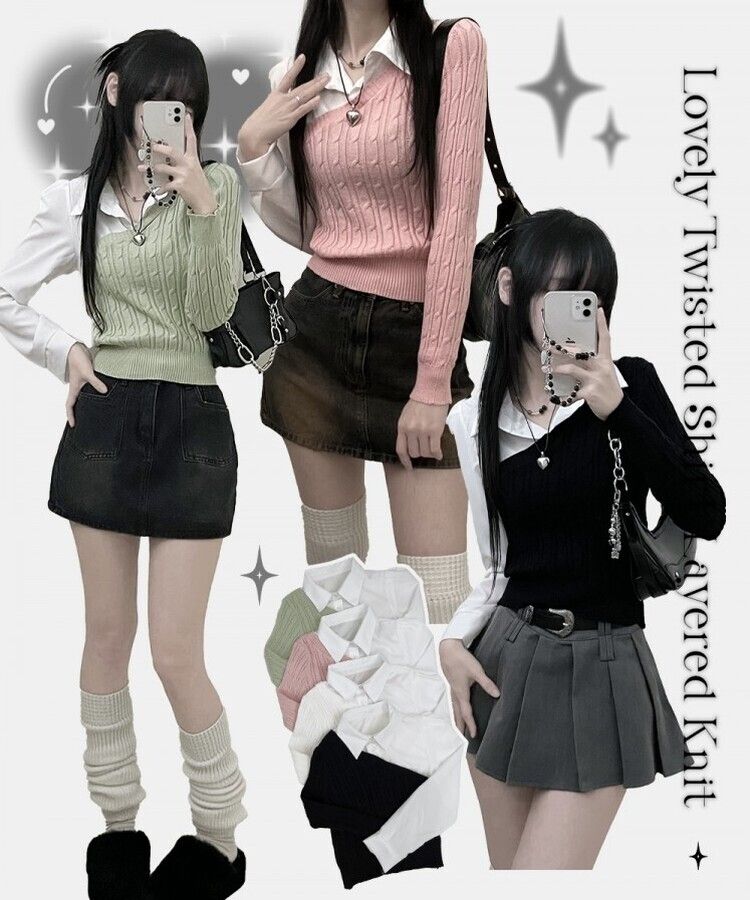 bubbles レイヤードスクールニット 韓国 シャツニット ケーブルVネックシャツレイヤードニット｜ニット｜韓国ファッション