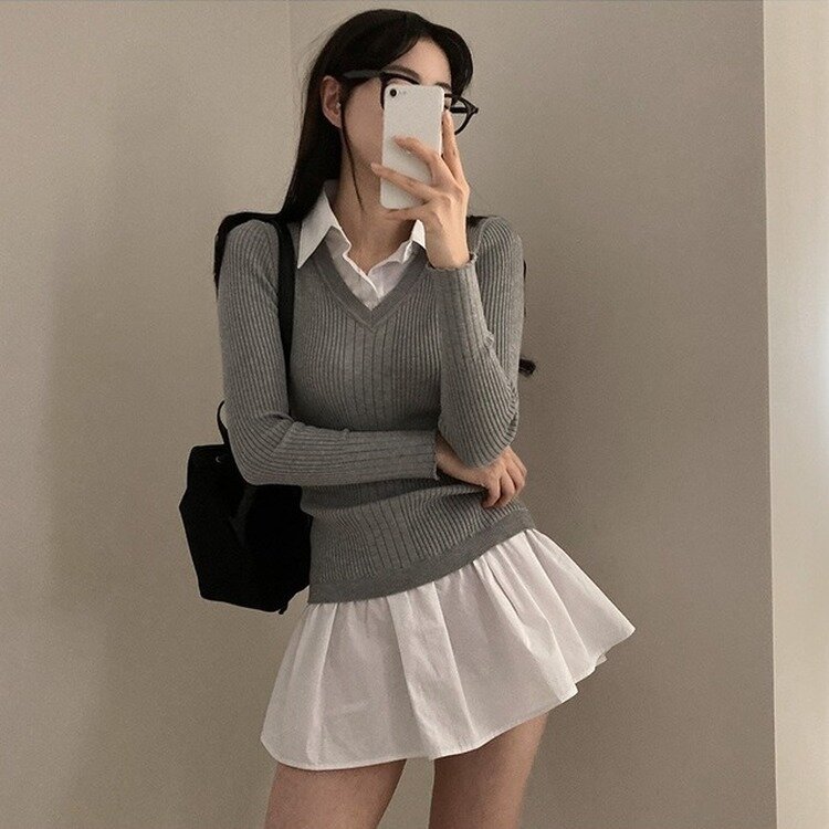 프리시크 레이어드 셔츠 미니 원피스 그레이