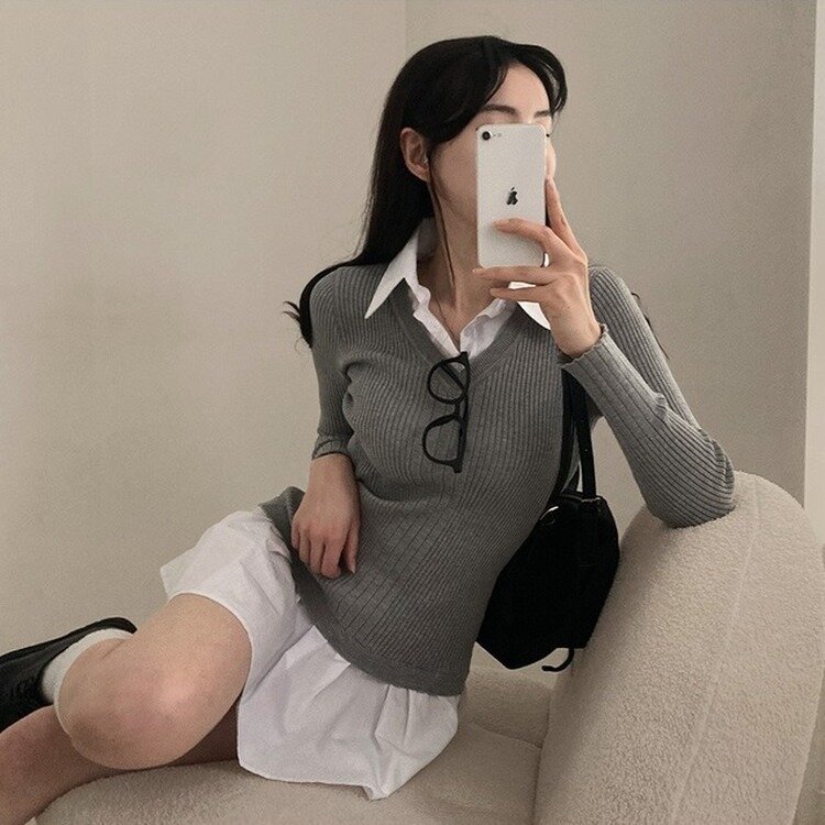 프리시크 레이어드 셔츠 미니 원피스 그레이