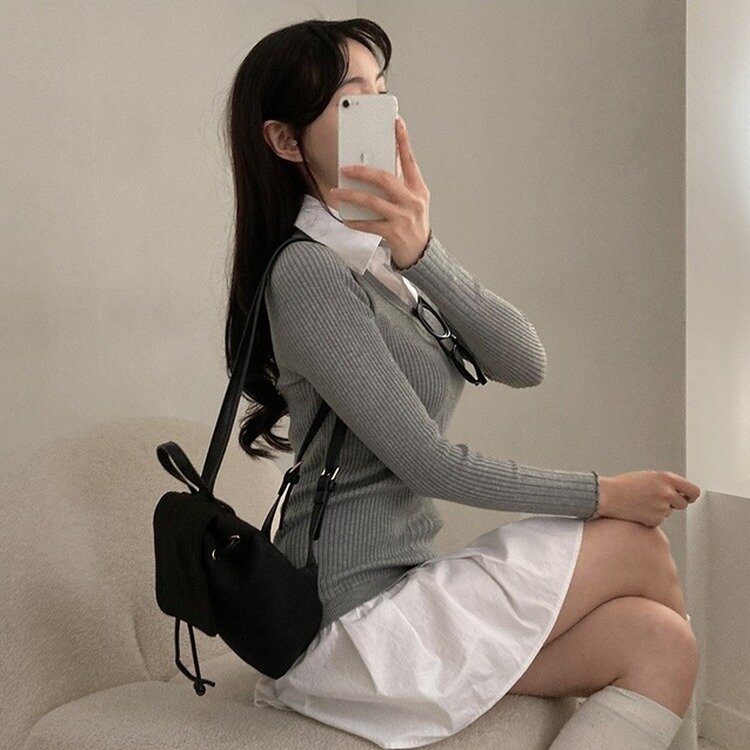 프리시크 레이어드 셔츠 미니 원피스 그레이