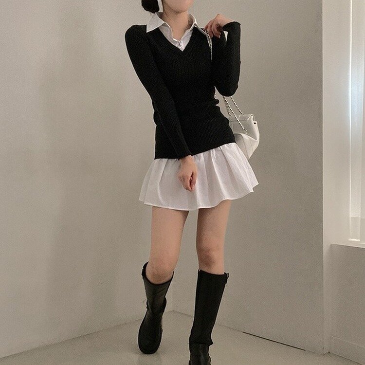 프리시크 레이어드 셔츠 미니 원피스 블랙